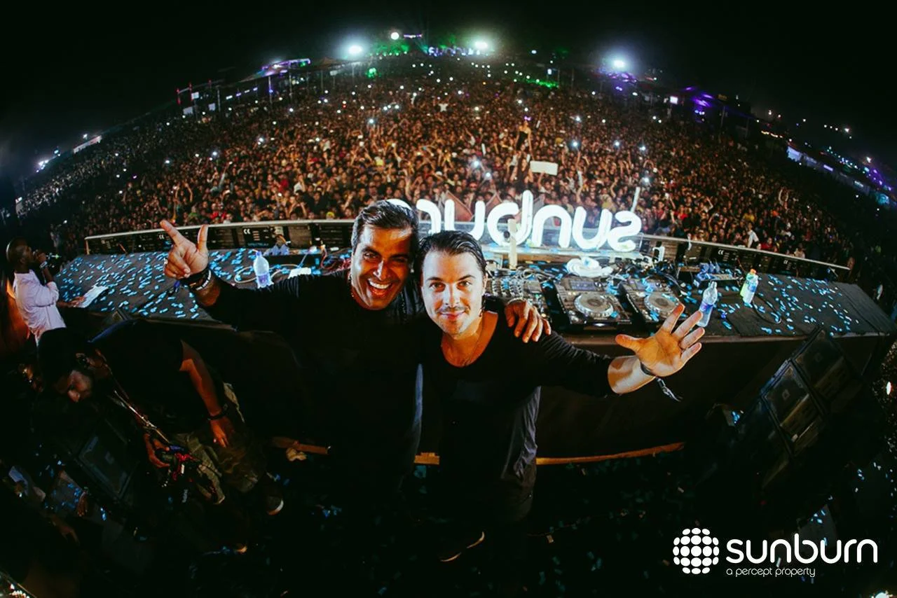 Shailendra Singh joins Axwell on stage during the headline set of Sunburn 2012