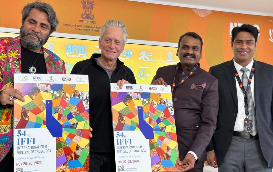 Shailendra Singh, Michael Douglas, Minister L Murugan and Joint Secretary Films Prithul Kumar on the dais at India Pavilion Cannes 2023