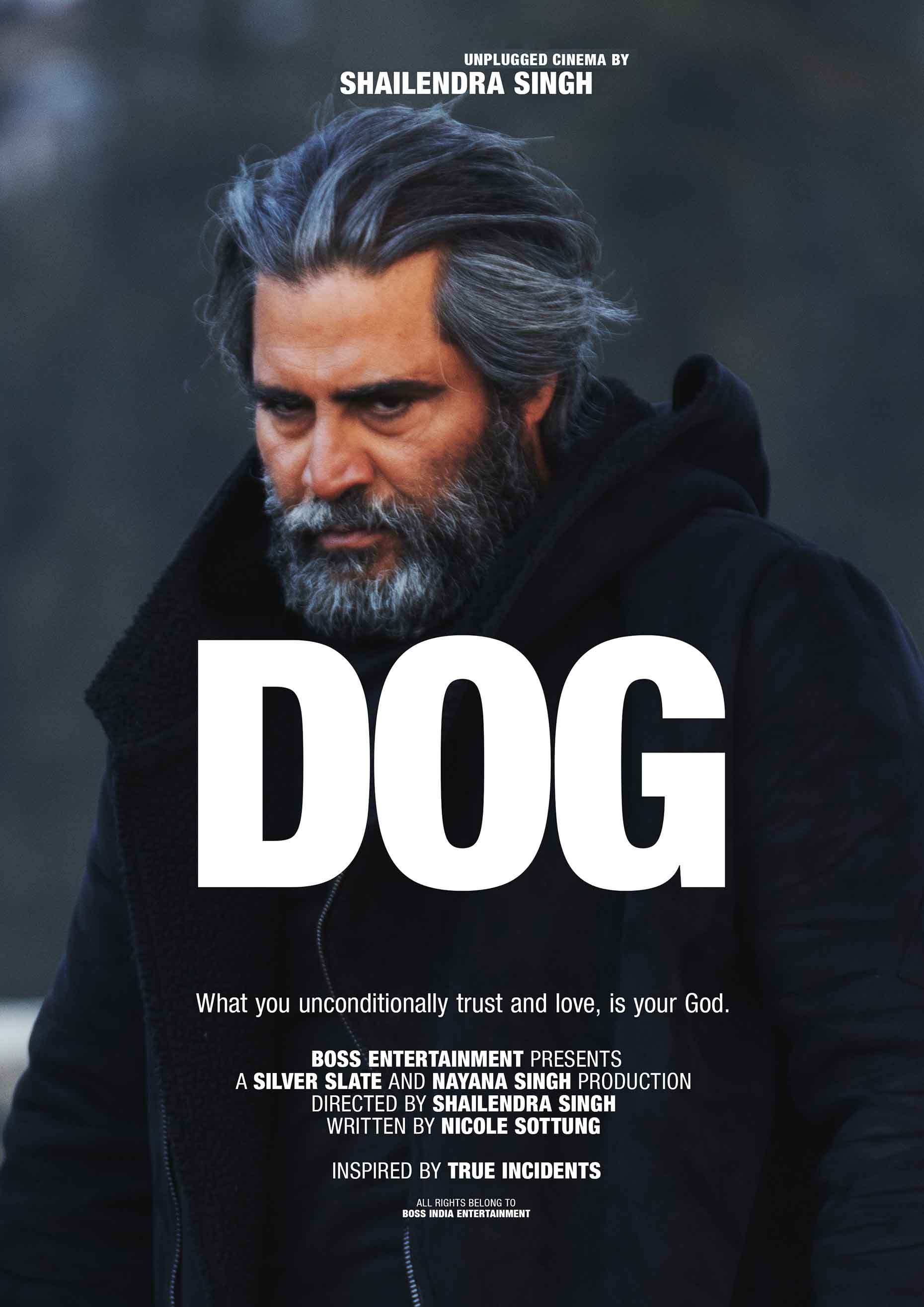 Dog (2024) film poster — stark dramatic Himalayan thriller written directed and starring Shailendra Singh, available on Prime Video India and USA