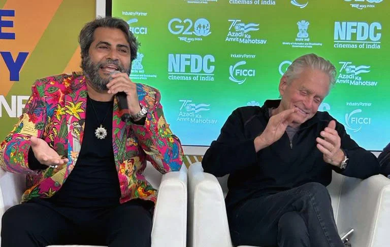 Shailendra Singh and Michael Douglas at the India Pavilion Cannes 2023 discussing Racing the Monsoon film