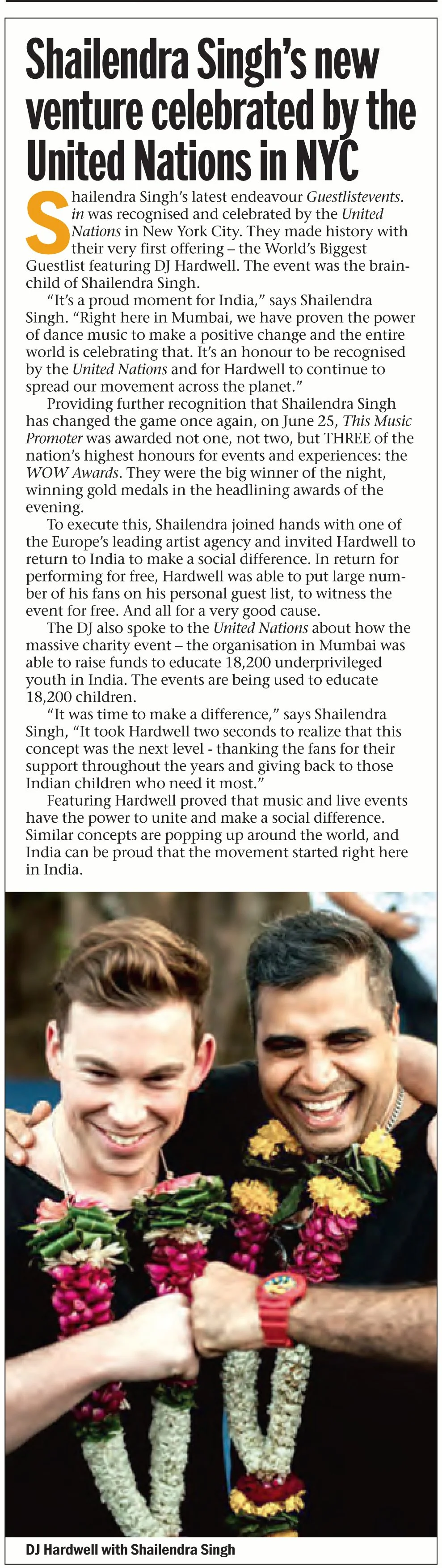 Shailendra Singh's new venture celebrated by the United Nations, with Hardwell, Mumbai Mirror 2016