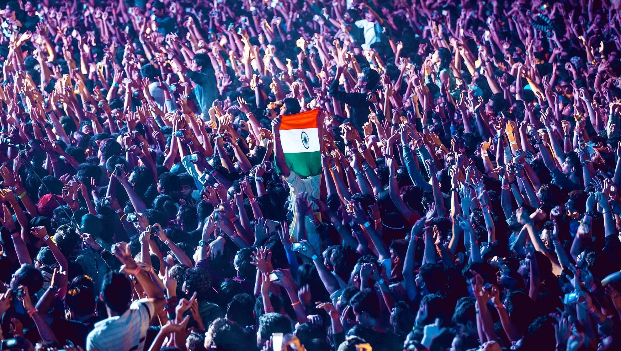 An Indian flag held high in the crowd at the 2014 Sunburn in Goa, Candolim Beach.