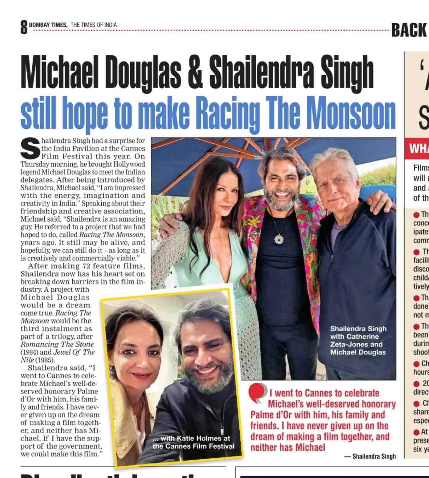 Bombay Times article — Michael Douglas and Shailendra Singh at Cannes 2023, announce Racing the Monsoon revival