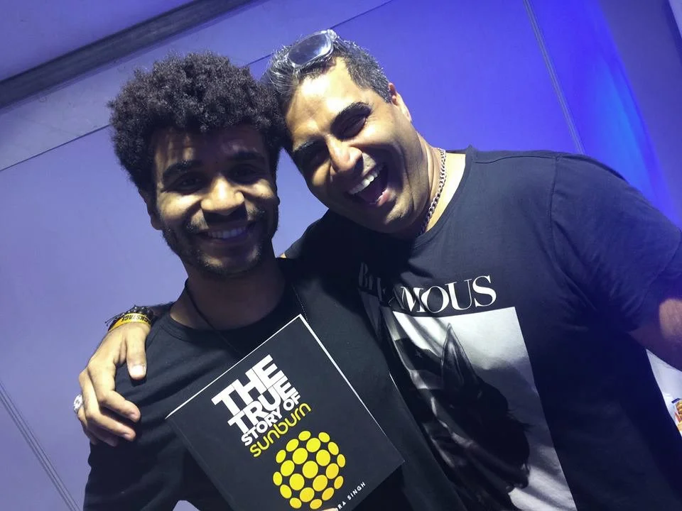 DJ Jamie Jones and Shailendra Singh with The True Story of Sunburn book