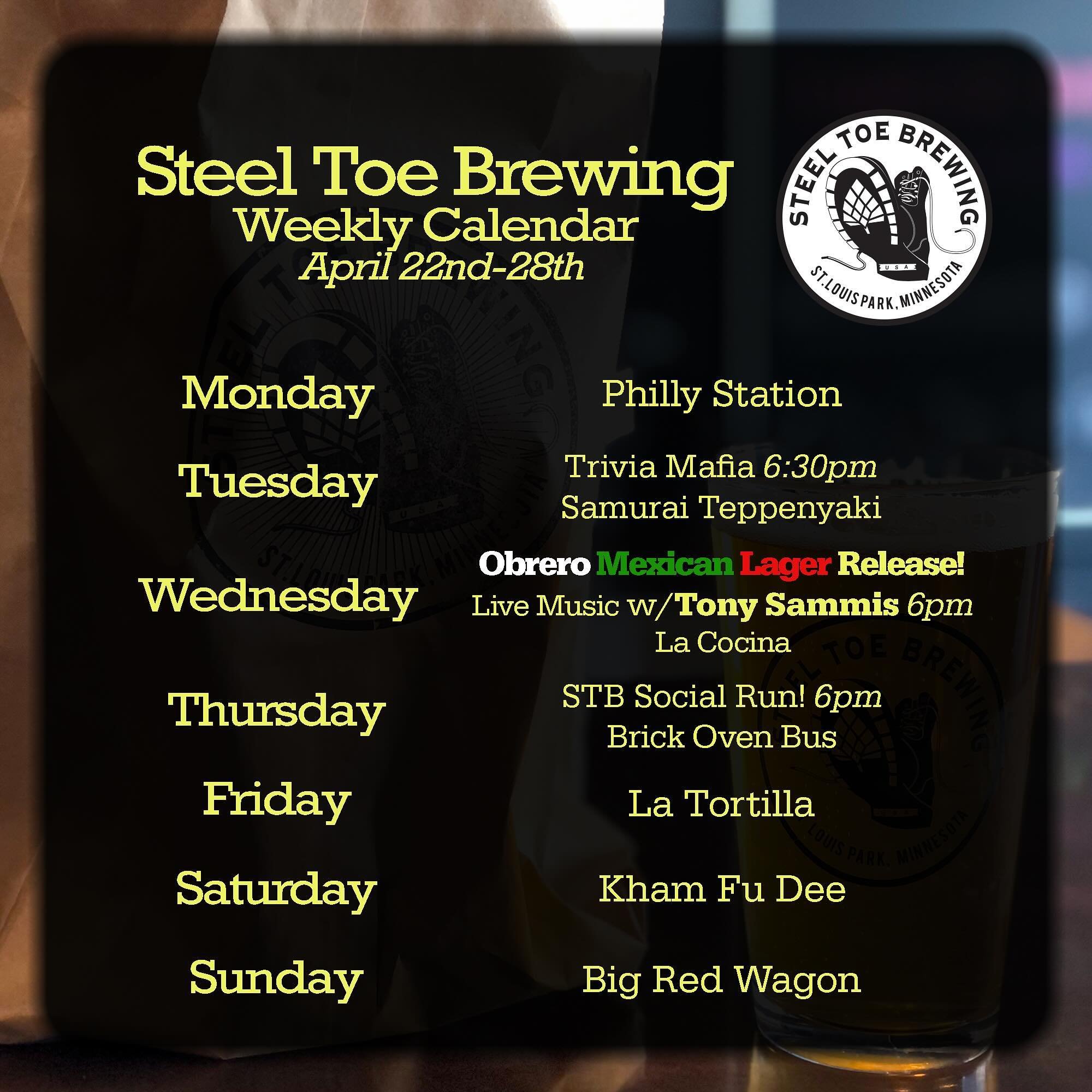 🍻🥾 STB Weekly Schedule: April 22nd - 28th 🥾🍻

🍺 Mon: Philly Station 🥪
🧠 Tue: @triviamafia 🧑&zwj;🏫 @teppanyakisamurai 🥢
🍺 Wed: Obrero Release! 🇲🇽 @tonysammismusic 🎶 La Cocina 🌮
🥾 Thu: STB Social Run!🏃 @thebrickovenbus 🍕
🍺 Fri: @lato