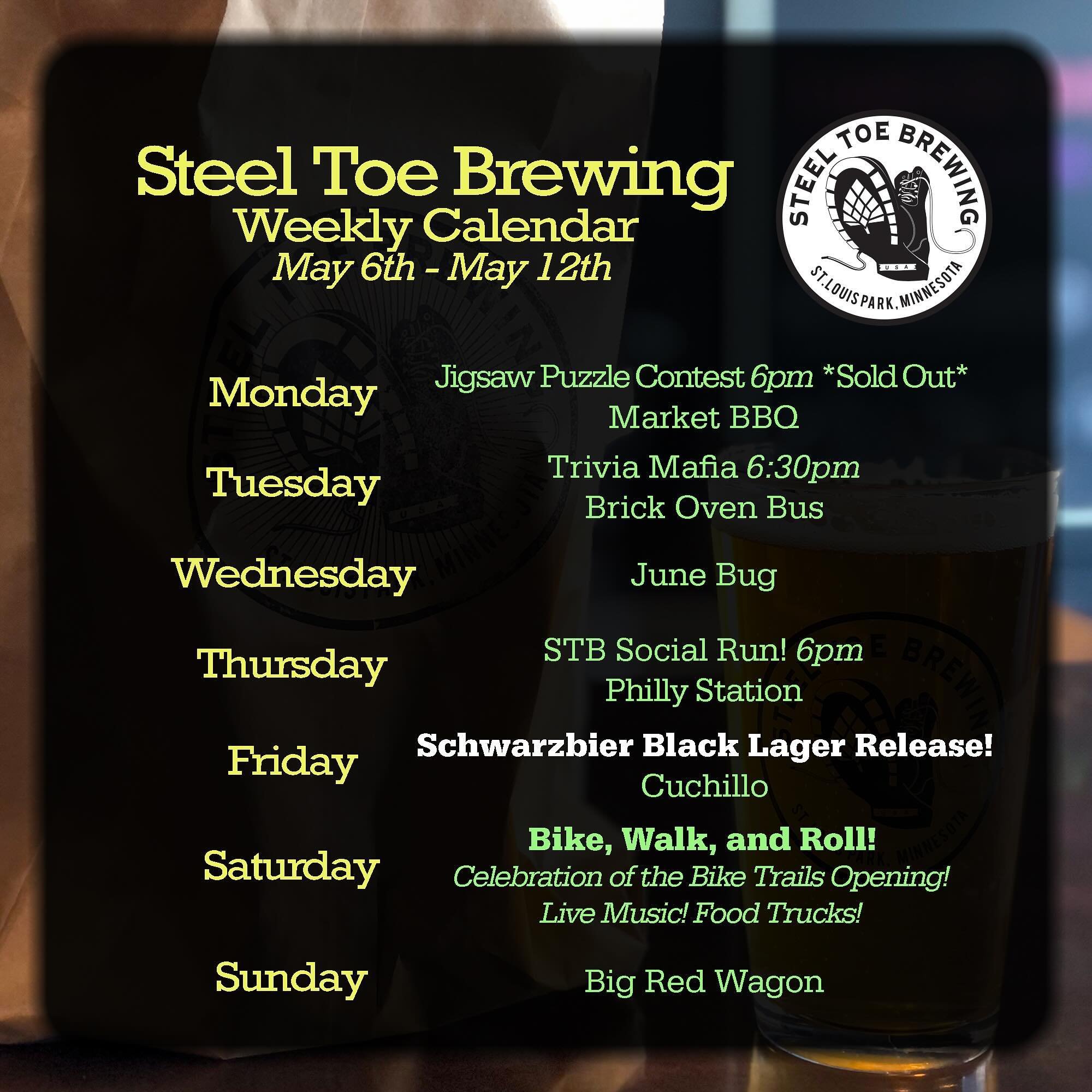 🍻🥾 STB Weekly Schedule: May 6th - May 12th 🥾🍻

🍺 Mon: @sarahdoespuzzles 🧩 @marketbbq 🐷
🧠 Tue: @triviamafia 🧑&zwj;🏫 @thebrickovenbus 🍕
🍺 Wed: @junebug_eats_ 🤤
🥾 Thu: STB Social Run!🏃 Philly Station 🥪
🍺 Fri: Schwarzbier Release! 🍺 @cu