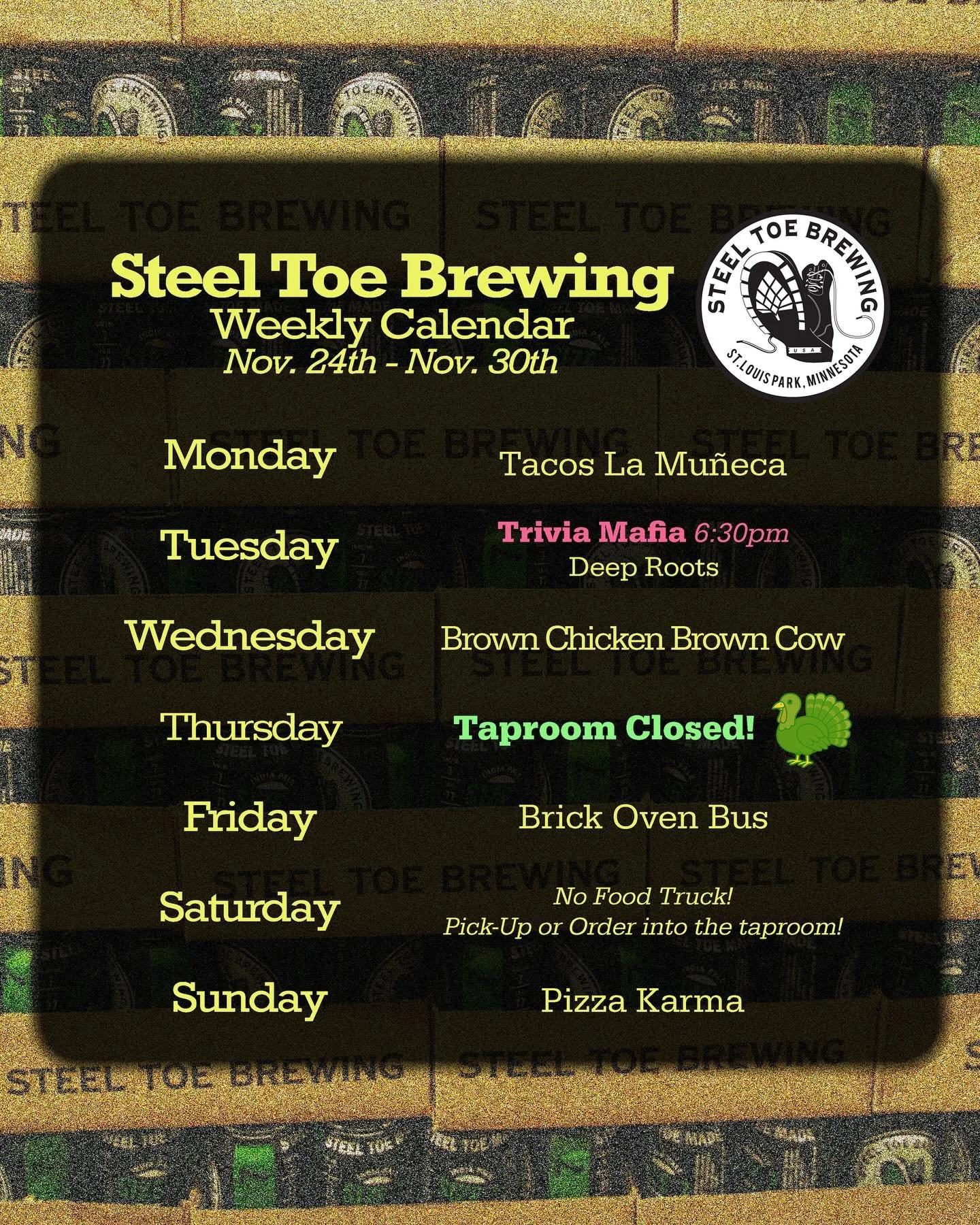 🍻🦃 STB Weekly Schedule Nov. 24th - 30th 🦃🍻