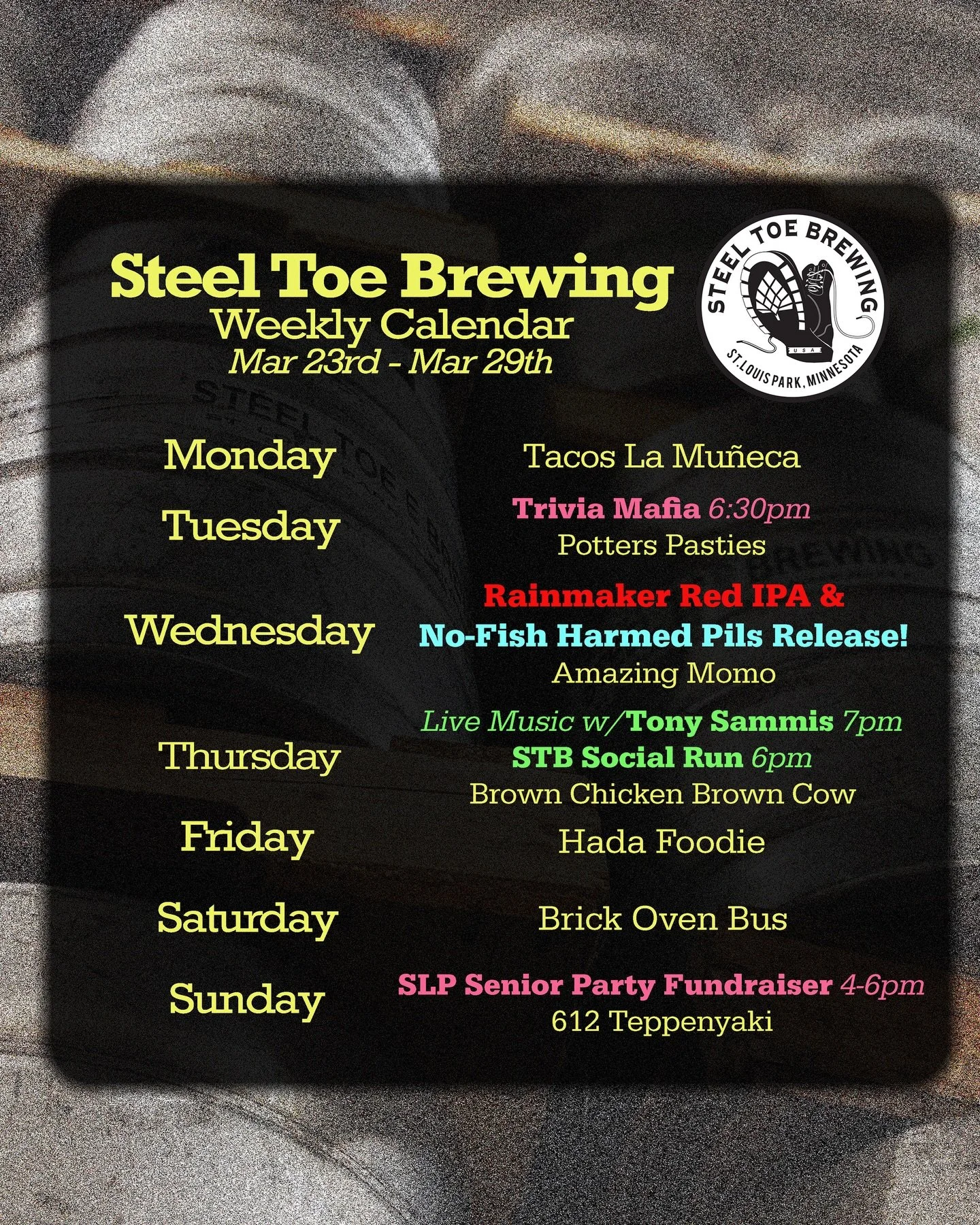 🍻🥾 STB Weekly Schedule March 23rd - 29th 🥾🍻

Food Trucks:
@tacos_la_muneca_mx 
@potterspasties 
@servingamazingmomo 
@bcbc_eats 
@hadafoodie 
@thebrickovenbus 
@612teppanyakimn 

Events:
@triviamafia 
@tonysammismusic