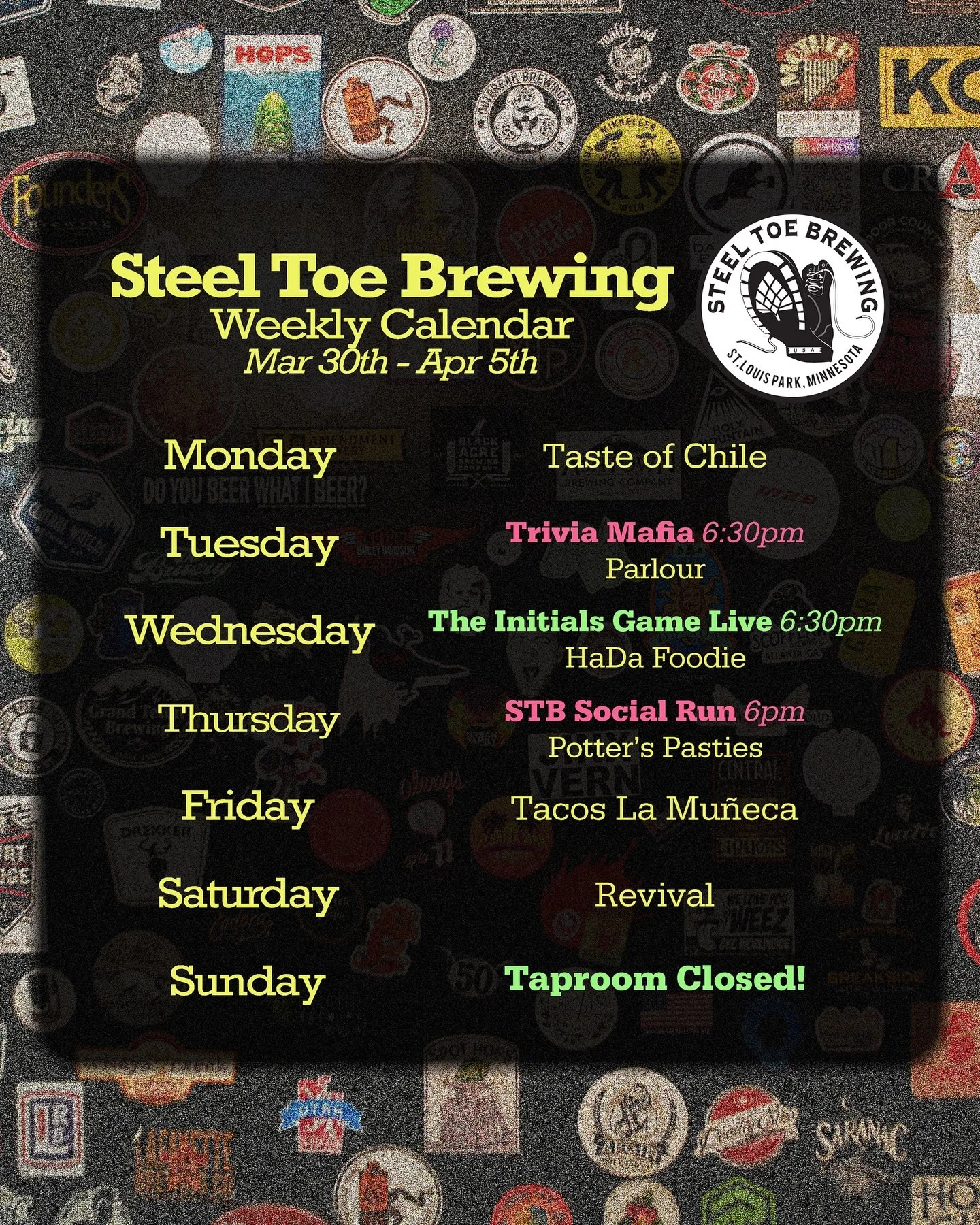 🍻🥾 STB Weekly Schedule March 30 to April 5th 🥾🍻

Food Trucks:
@tasteofchilempls 
@parlourfoodtruck 
@hadafoodie 
@potterspasties 
@tacos_la_muneca_mx 
@revivalmn 

Events:
@triviamafia 
@theinitialsgamelive