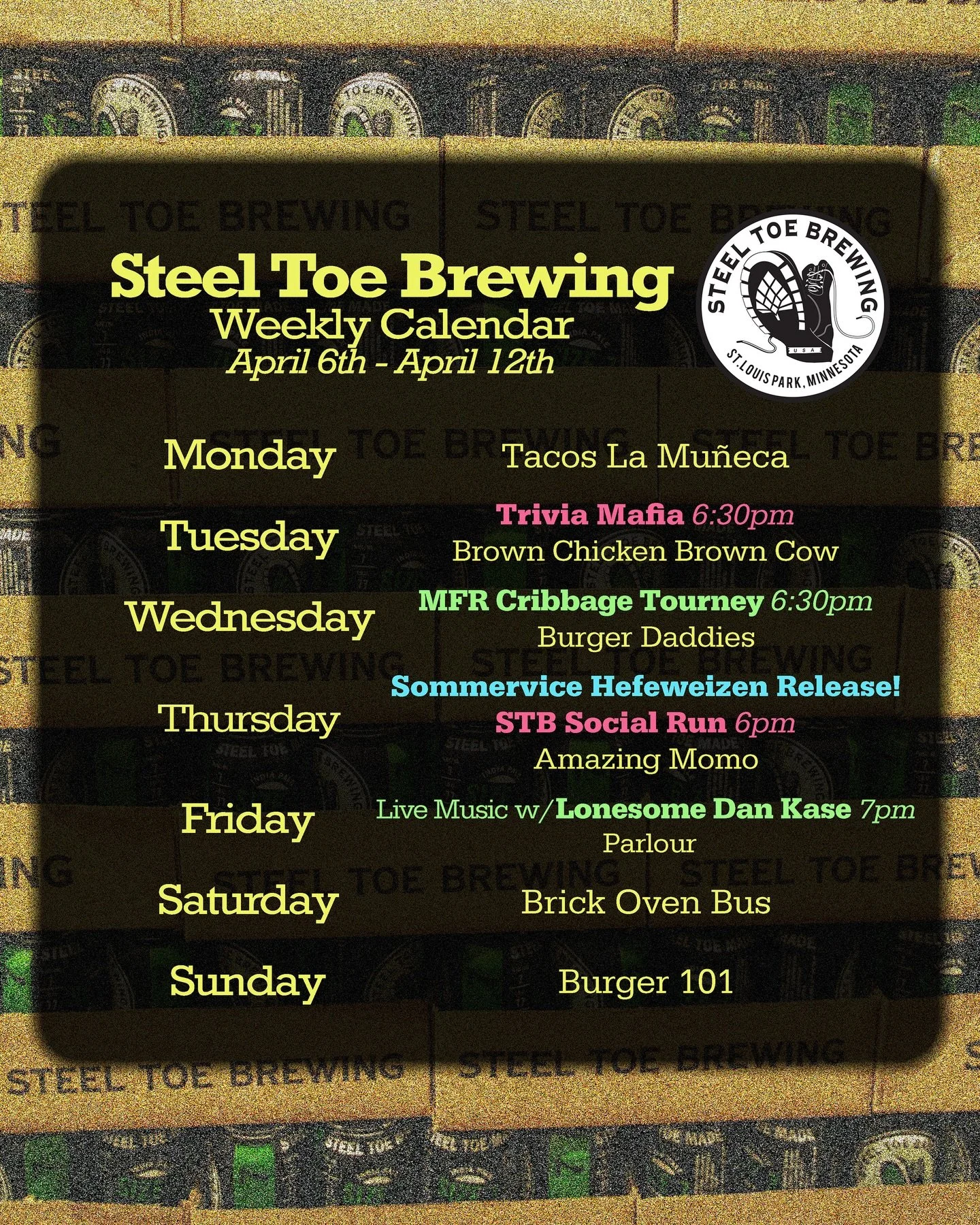 🥾🍻 STB Weekly Schedule April 6th - April 12th 🍻🥾

Food Trucks:
@tacos_la_muneca_mx 
@bcbc_eats 
@eatburgerdaddies 
@amazingmomomn 
@parlourfoodtruck 
@thebrickovenbus 
@burgerfundamentals 

Events:
@triviamafia 
@lonesomedkase