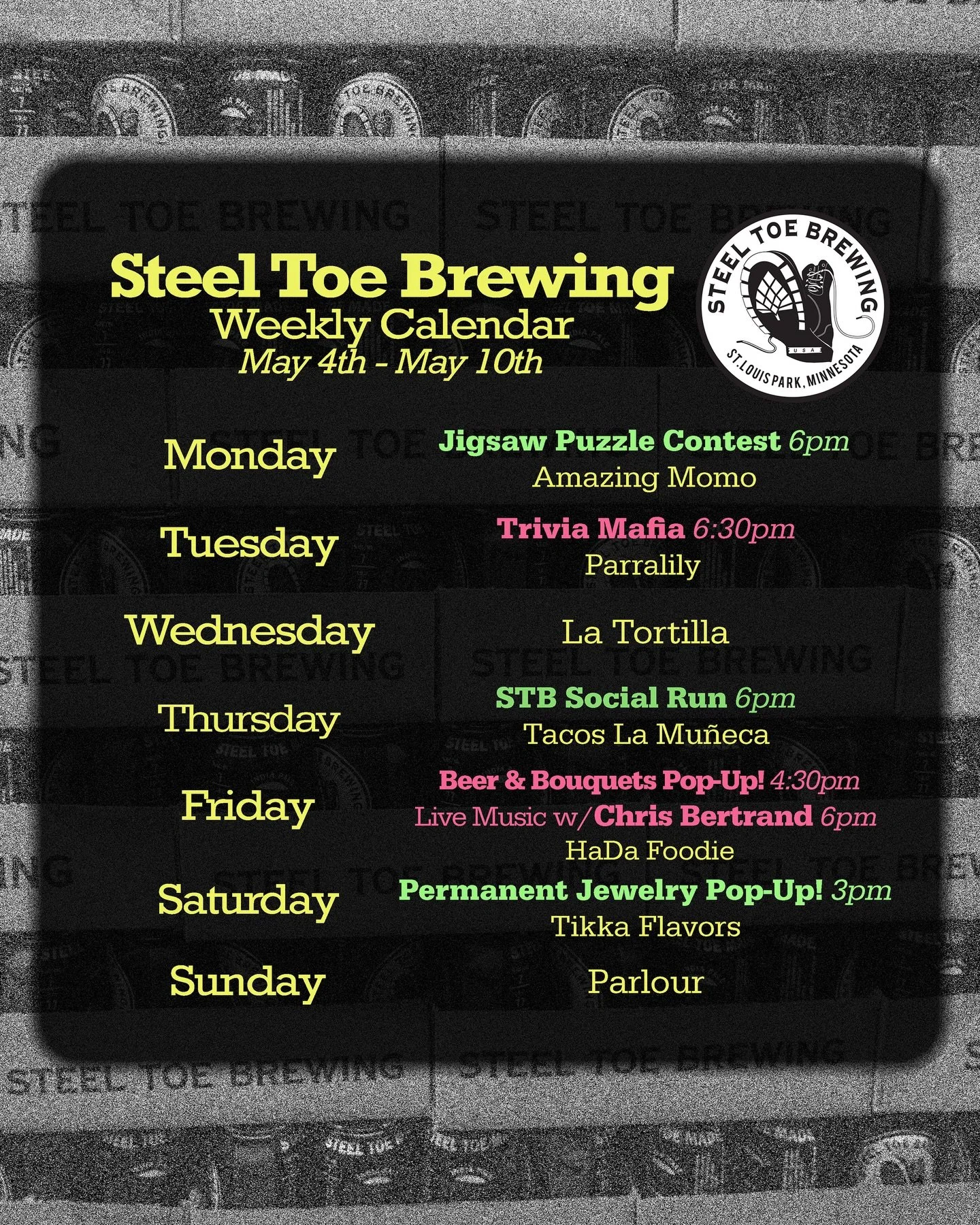 🍻🥾 STB Weekly Schedule May 4th - 10th 🥾🍻

Food Trucks:
@servingamazingmomo 
@parralily_foodtruck 
@latortillafoodtruck 
@tacos_la_muneca_mx 
@hadafoodie 
@tikkaflavors 
@parlourfoodtruck 

Events:
@sarahdoespuzzles 
@triviamafia 
@allthatglitters