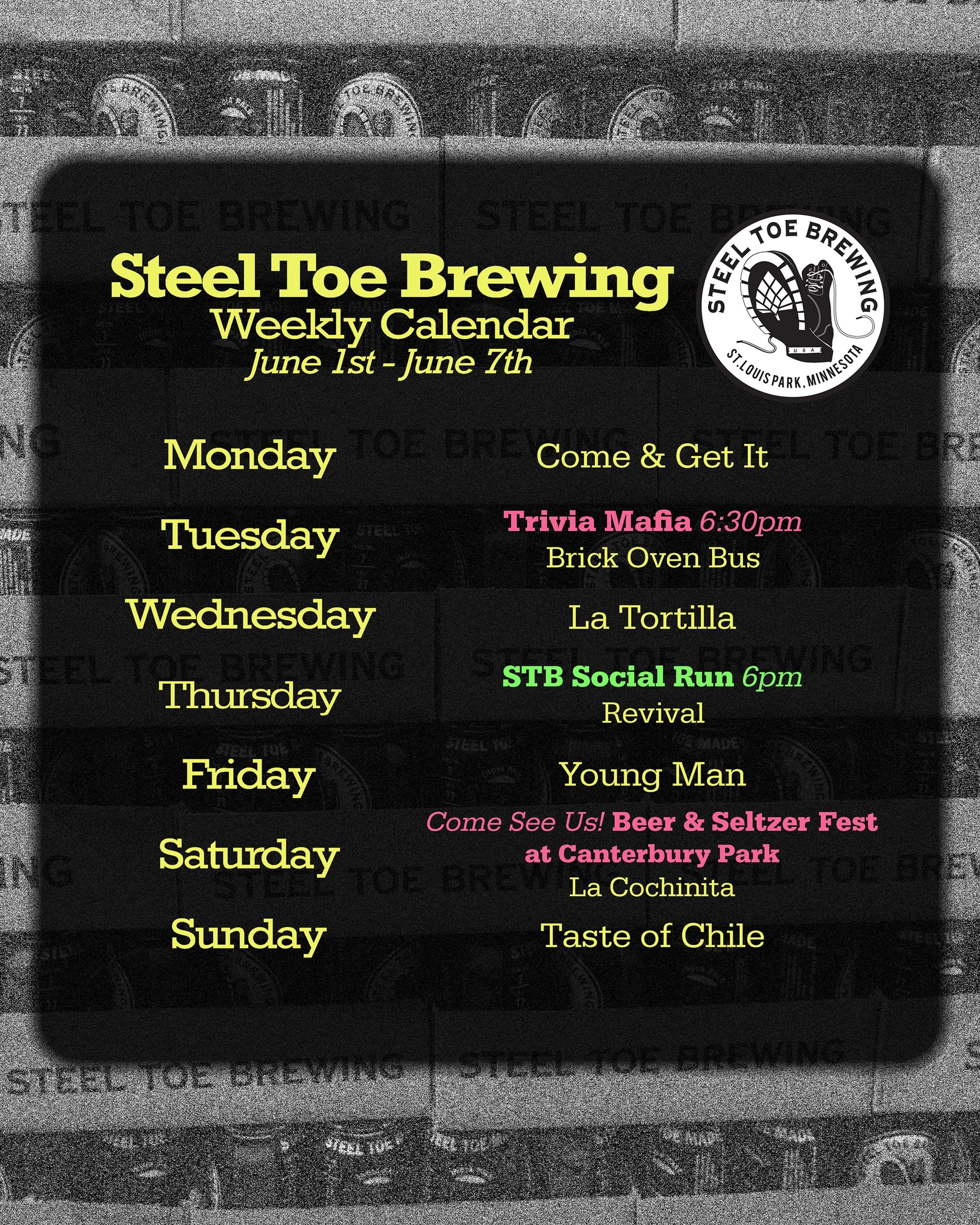 🥾🍻 STB Weekly Schedule June 1st - 7th 🍻🥾

Food Trucks:
@comeandgetitmn 
@thebrickovenbus 
@latortillafoodtruck 
@revivalmn 
@youngmanmsp 
@lacochinitamn 
@tasteofchilempls