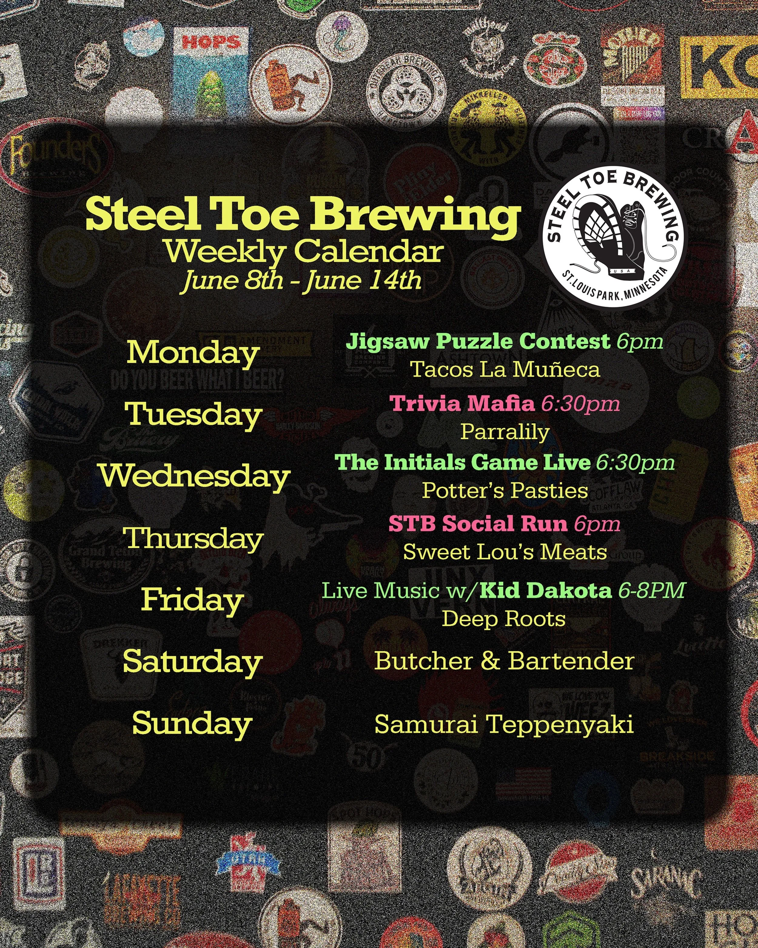 🍻🥾 STB Weekly Schedule June 8th - 14th 🍻🥾

Food Trucks!
@tacos_la_muneca_mx 
@parralily_foodtruck 
@potterspasties 
@sweetlousmeats 
@mndeeproots 
@butcherandbartender 
@teppanyakisamurai