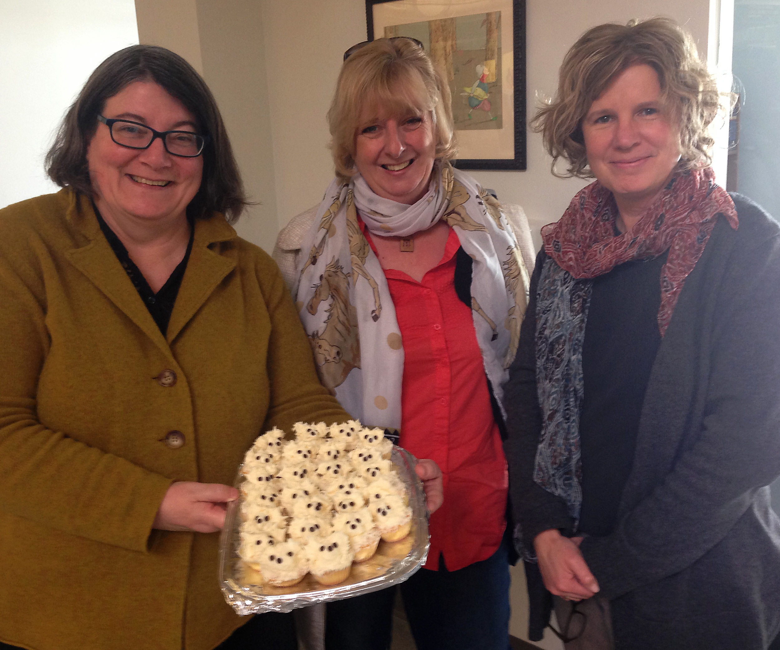 with Elizabeth Bicknell, Ann Stott and Toby cakes at Candlewick Press, Boston.