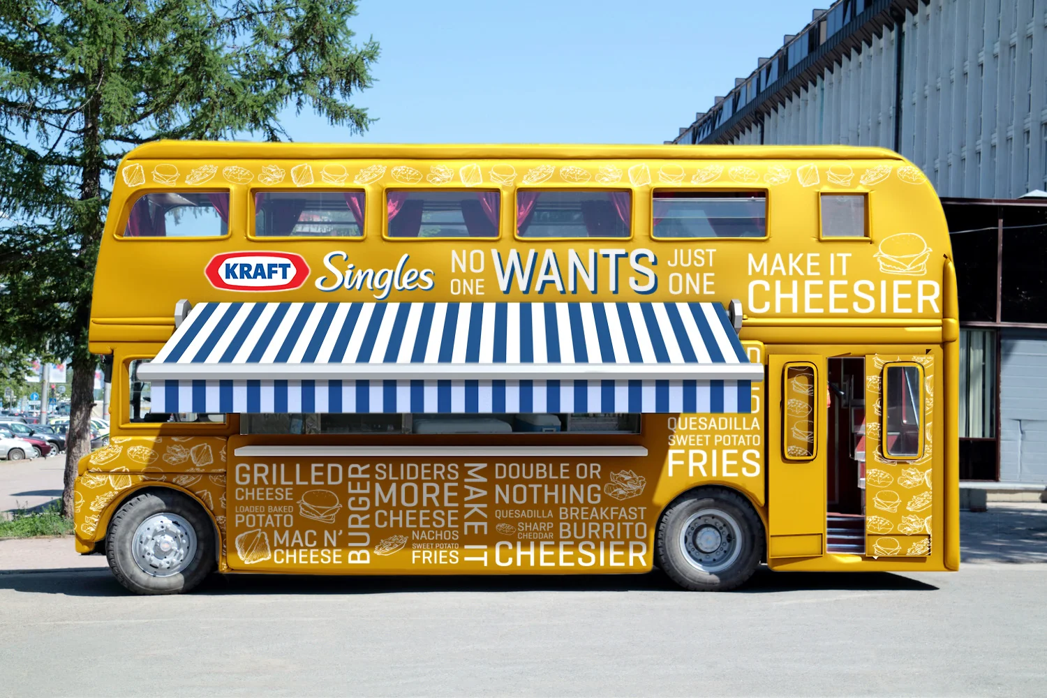 To further spread the word, a custom Kraft food truck will travel around, serving up cheese filled classics, without skimping on the Kraft. Why double decker? Because one level isn't enough.