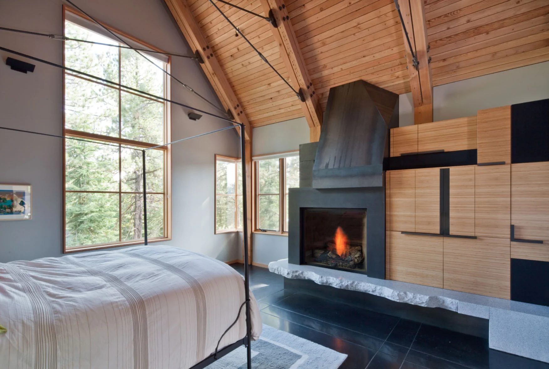 Master bedroom steel fireplace - Lake Tahoe Modern Home