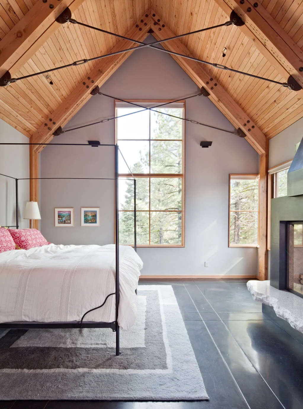 Master bedroom with steel truss - Lake Tahoe Modern Home