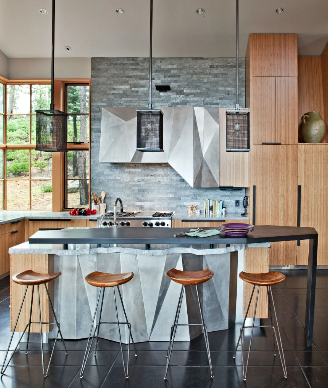 Kitchen with folded stainless steel panels - Lake Tahoe Modern Home
