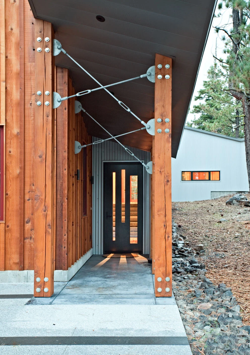 Steel truss at entry - Lake Tahoe Modern Home