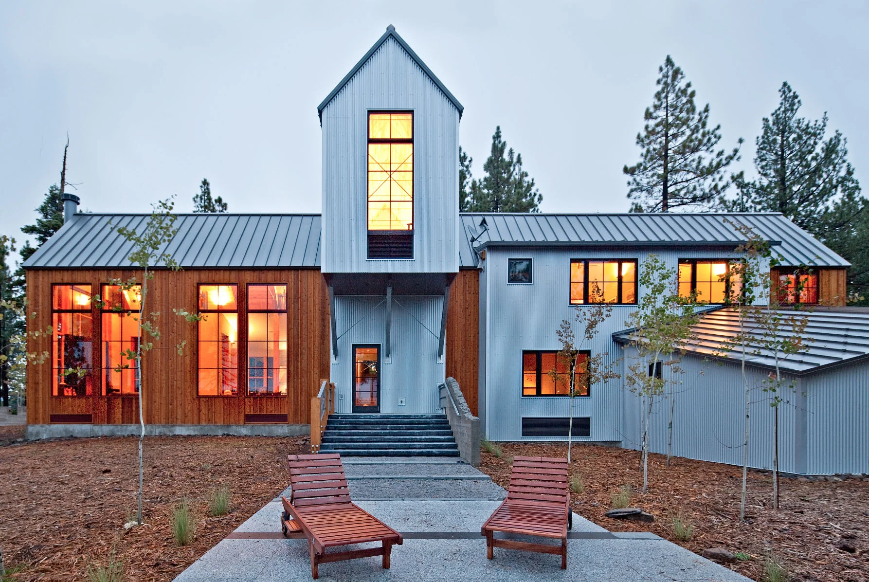 Metal and cedar siding at patio - Lake Tahoe Modern Home
