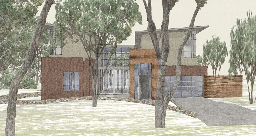  This home is massed as two wings separated by a glazed two story volume that serves as a dining room below and circulation above. The open center connects the home to both the front and rear yards 