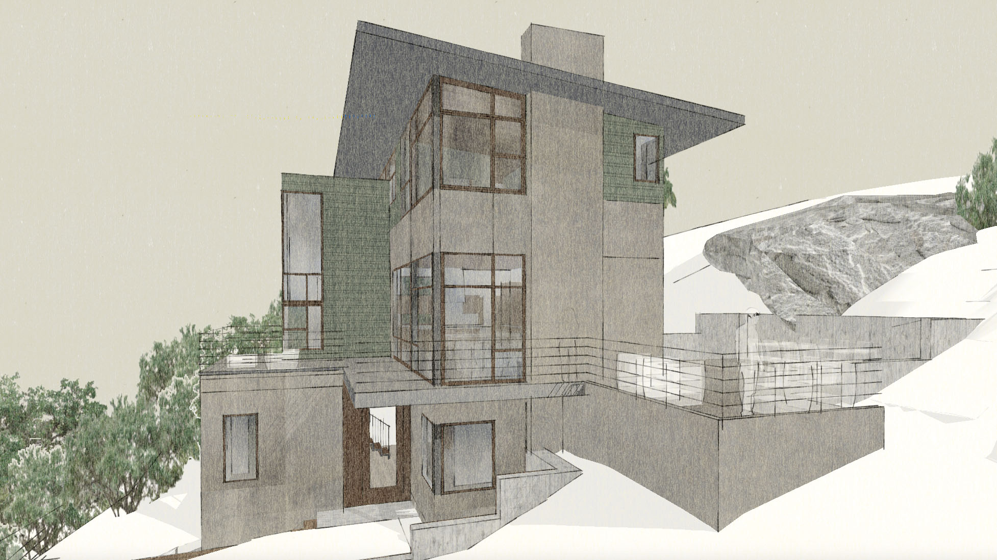  This new home is located on a heavily wooded upslope site in the Berkeley Hills. The design challenge was siting the home to both adapt to the steep grade and preserve the mature oak trees. The design that emerged kept the footprint of the building 