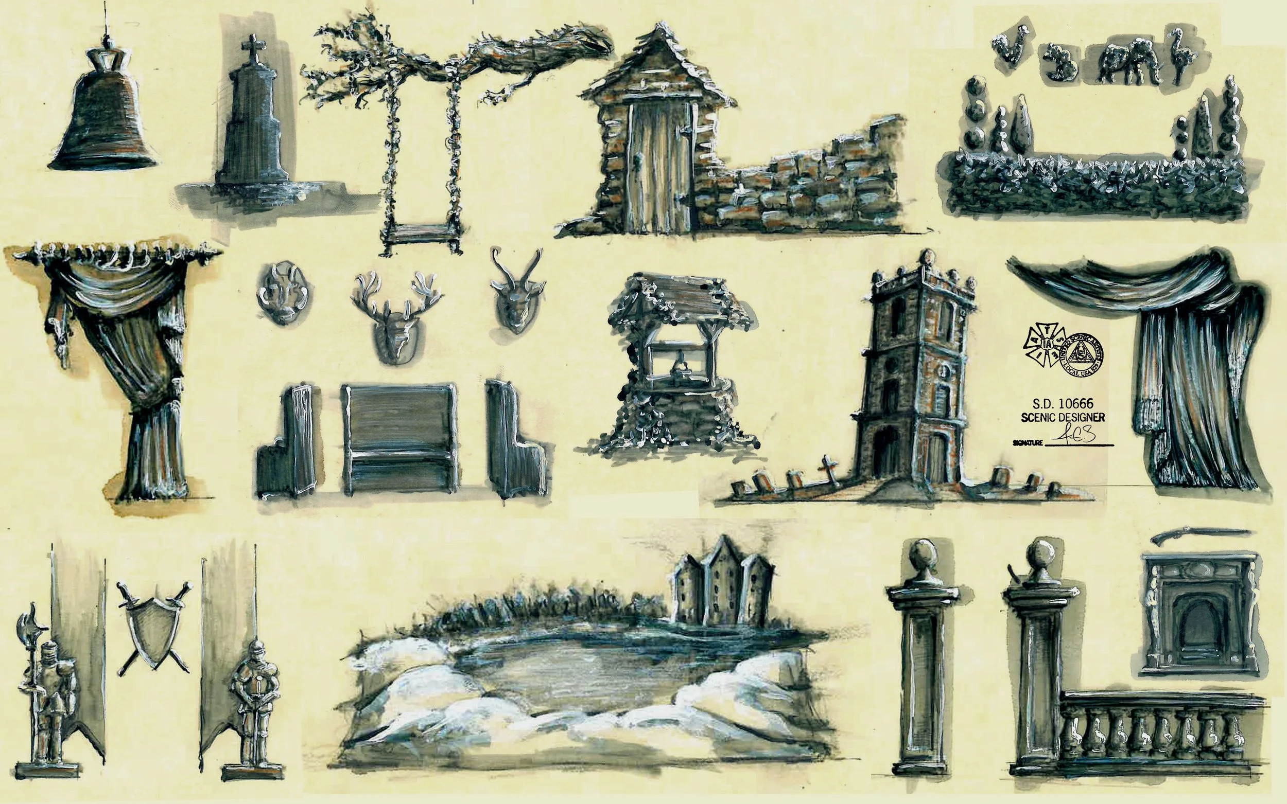  Hand Drawings/Scenic Sketches  Canary Paper, Pencil, Alcohol Marker, White Gesso 