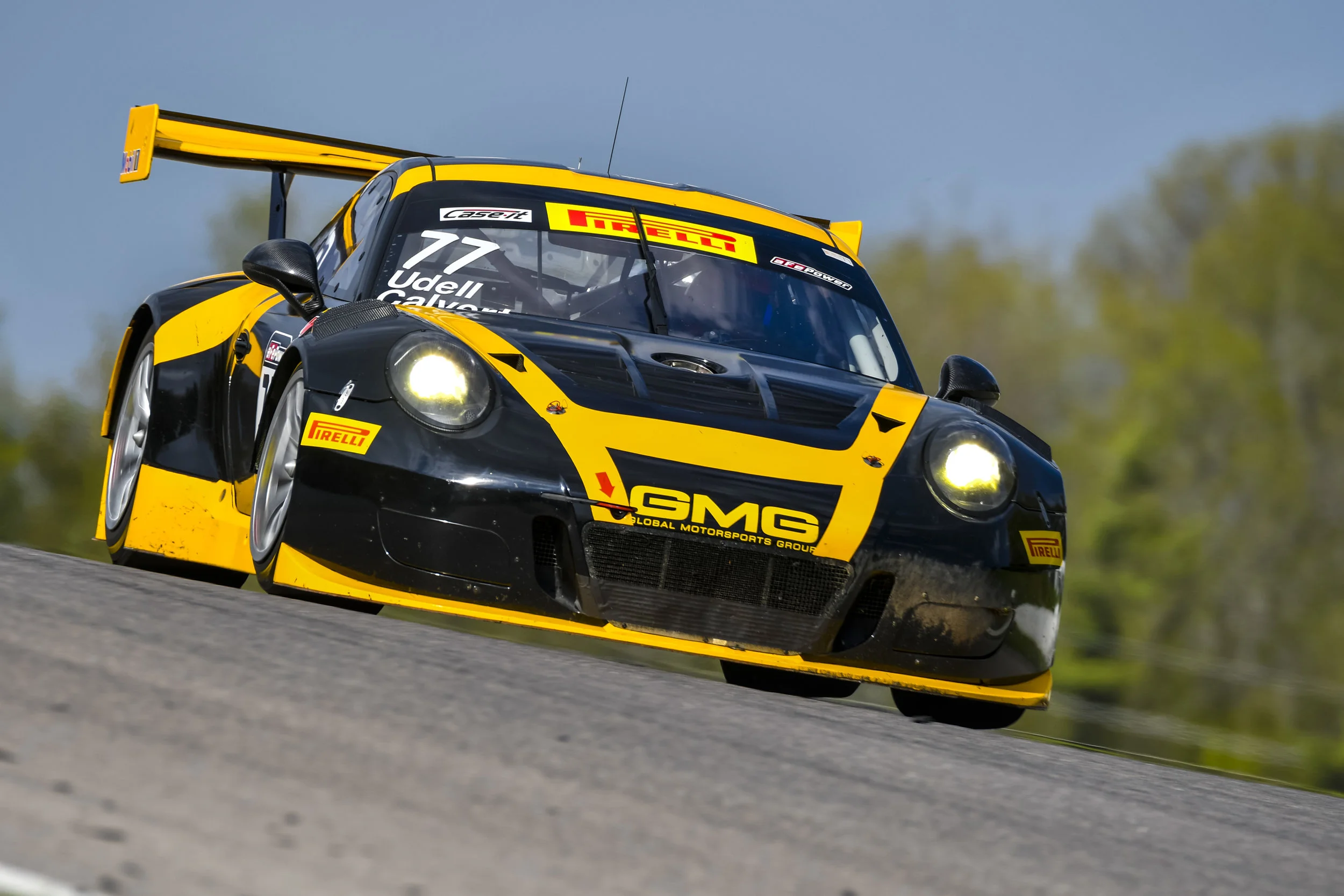 No. 77 Calvert Dynamics Porsche 911 GT3 R at speed at CTMP. Image courtesy of PCNA.