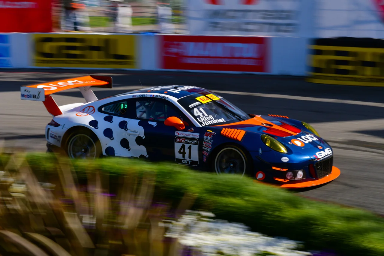 Alec Udell at Long Beach in the No. 41 Loci Porsche 911 GT3 R prepared by GMG. Image courtesy of GMG.