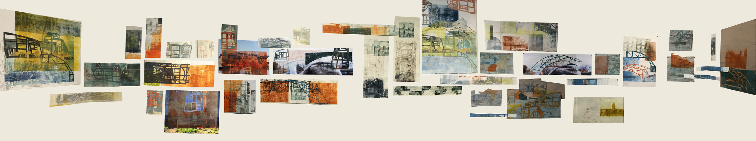 Prints are all various dimensions spread out over about 20ft of wall space. All are some combination of oil based monotype, image transfer, and drypoint on Reeves BFK and Zerkall papers.
