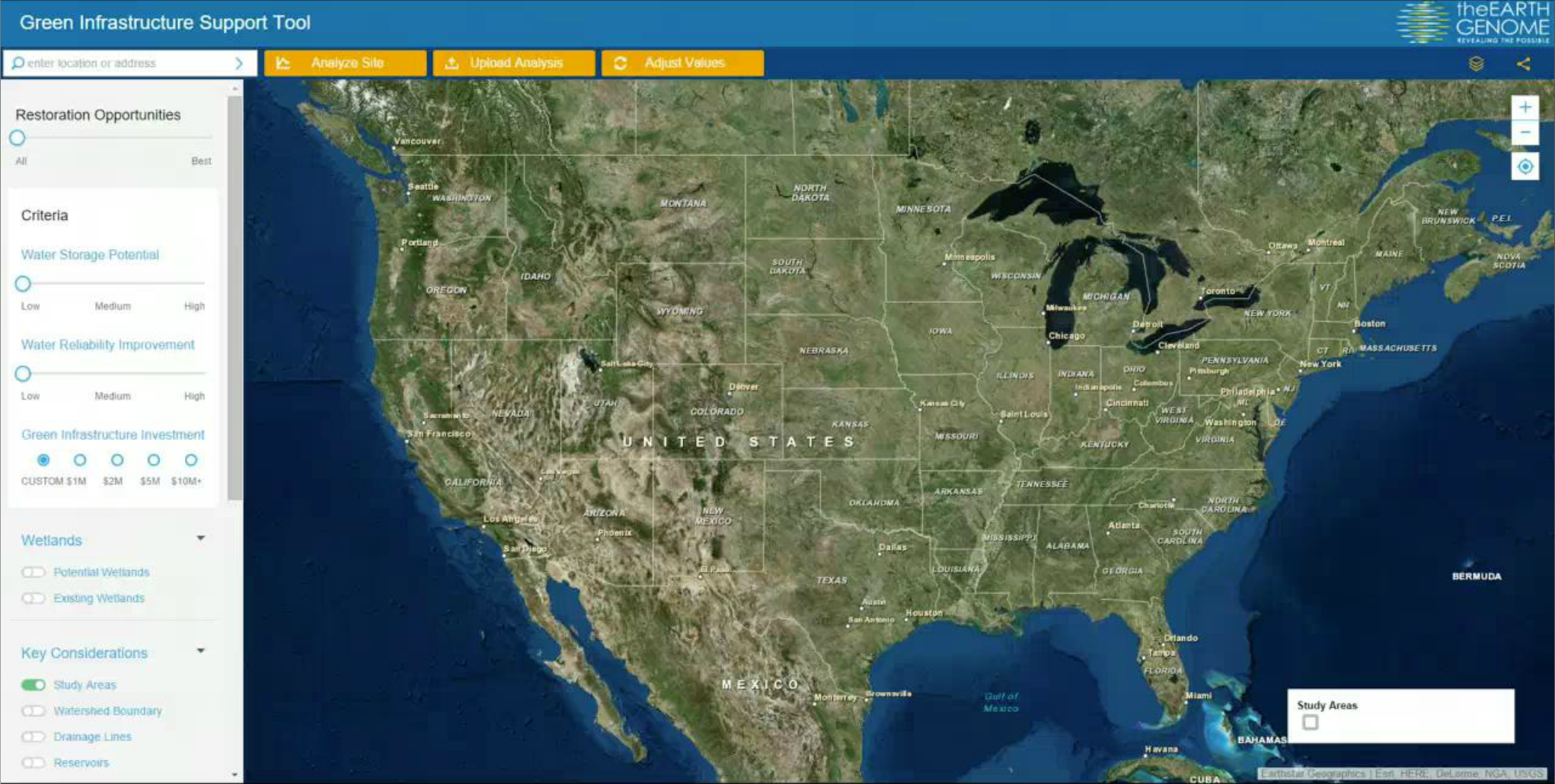 Screenshot of Earth Genome/Green Infrastructure Support Tool (GIST) interface.