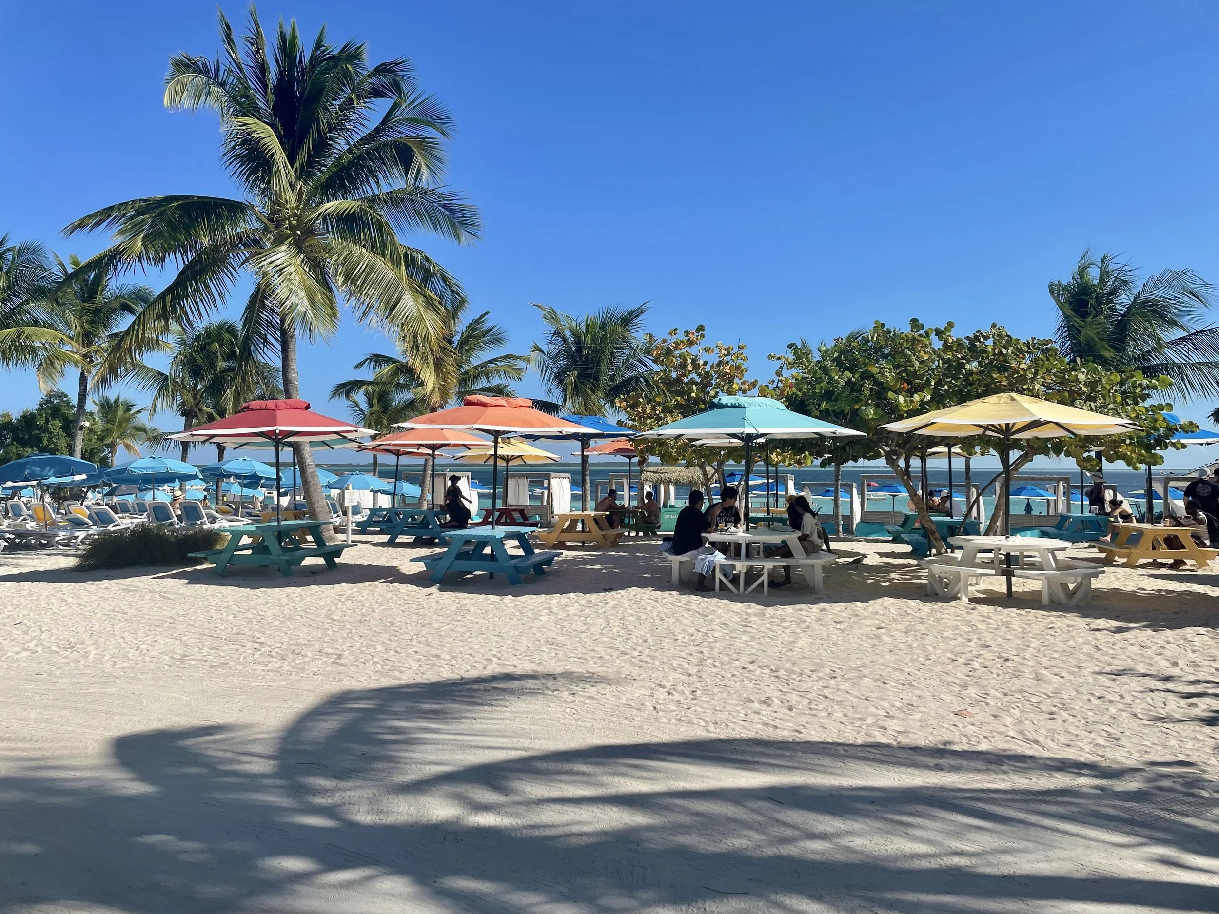 Beach scene with palm trees, colorful umbrellas, and people sitting at picnic tables on sand