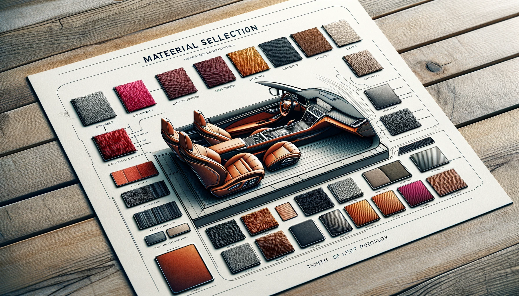 DALL·E 2023-12-12 19.59.15 - Create the third of seven images for a print portfolio, depicting the material selection for the car interior design concept. This image should focus .png