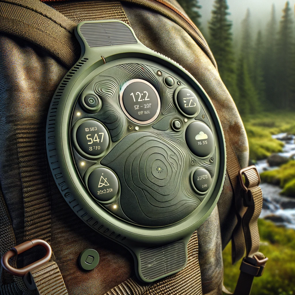 DALL·E 2023-12-13 15.00.22 - A wearable patch-like device designed for hiking and camping, approximately the size of a large coin and round in shape. It features a flexible, skin-.png
