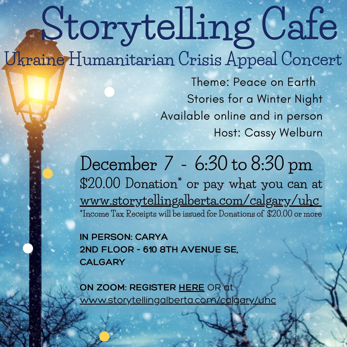 Don't miss this great event to benefit Ukrainian Crisis Relief and help you and yours celebrate the season...

PEACE ON EARTH: Stories For a Winter's Night
A Story Caf&eacute; - Wednesday, December 7th
6:30 to 8:30 pm (attend in person or online)

A 