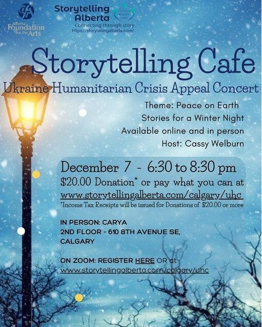Just a reminder that our benefits concert is on December 7th to help the people of Ukraine. Details below!

PEACE ON EARTH: Stories For a Winter's Night
A Story Caf&eacute; - Wednesday, December 7th
6:30 to 8:30 pm (attend in person or online)
A Bene