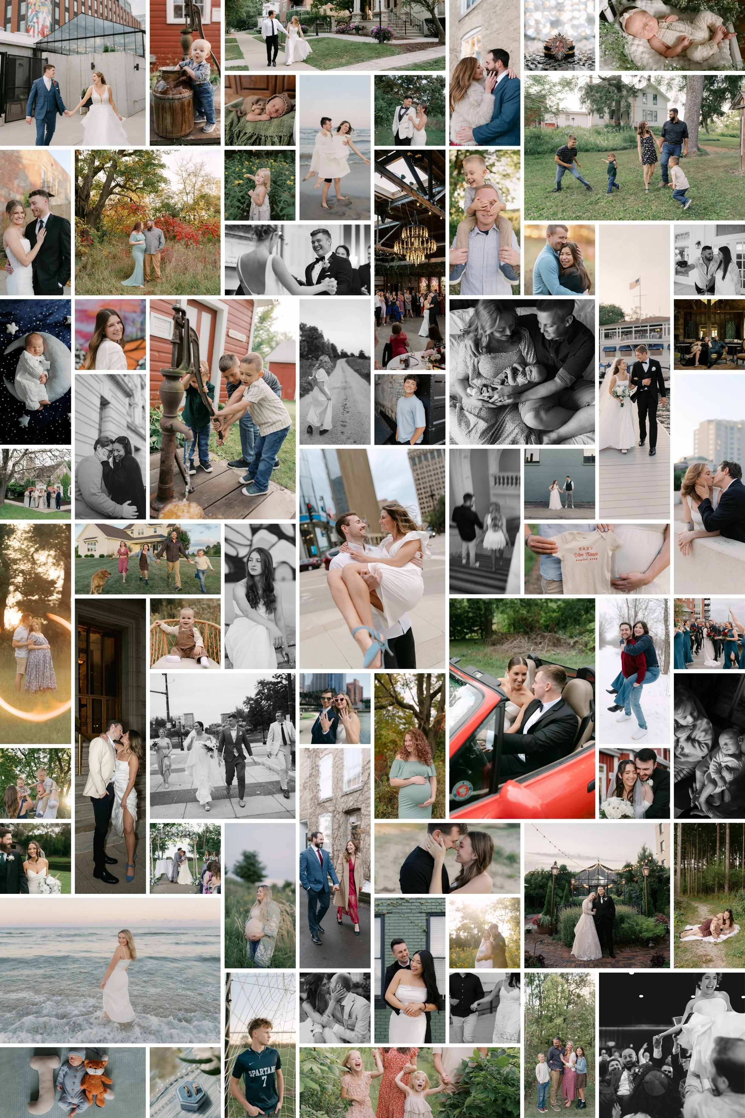 A collage of photos from weddings, engagements, family, senior sessions and more taken in and around Milwaukee, Wisconsin.