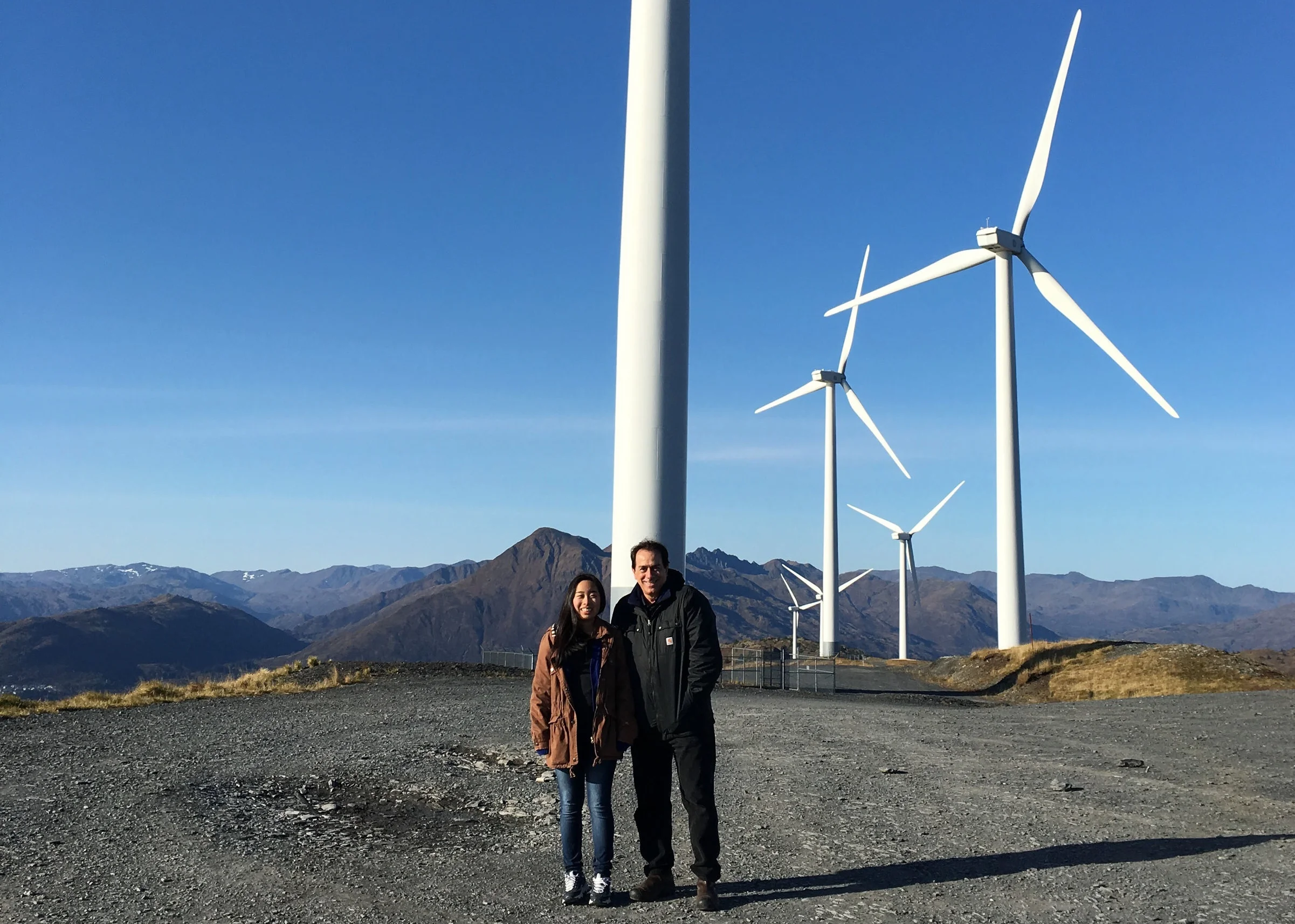 Kiae and Ron at a windfarm in October 2016 during the Wind Turbine inspection for the Kodiak Electric Association.