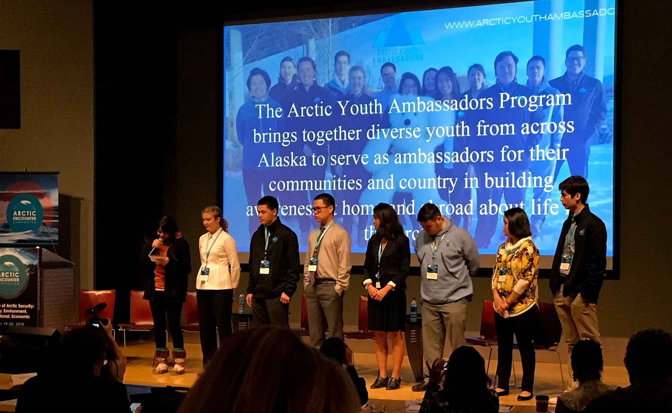 Arctic Youth Ambassadors present in front of policymakers at the 5th Annual Arctic Encounter Symposium in Seattle, April 19-20, 2018.
