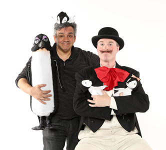 Brian Hull with Geoff Davin and penguin puppets from NCT’s Mr. Popper’s Penguins