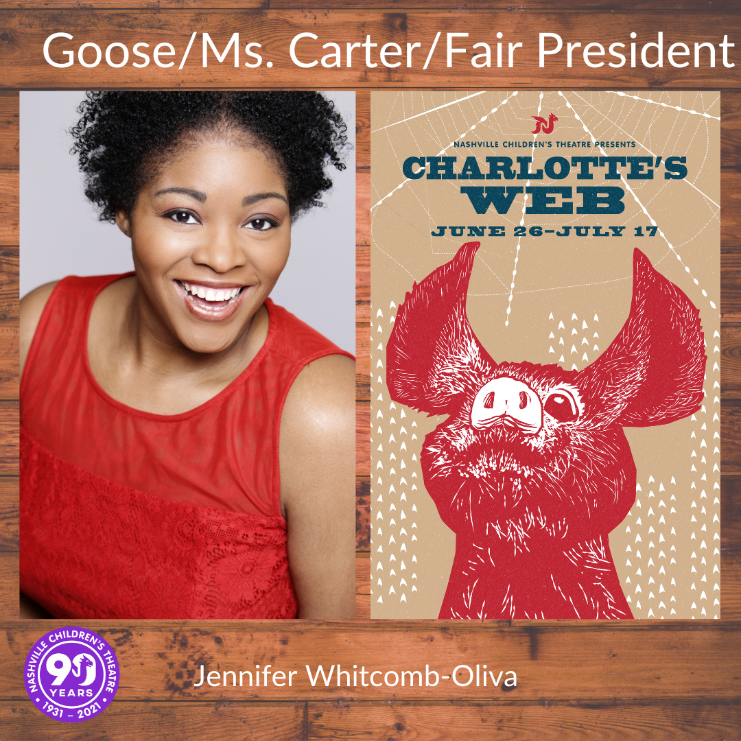 Jennifer Whitcomb-Oliva smiling next to Charlotte's Web Show Poster
