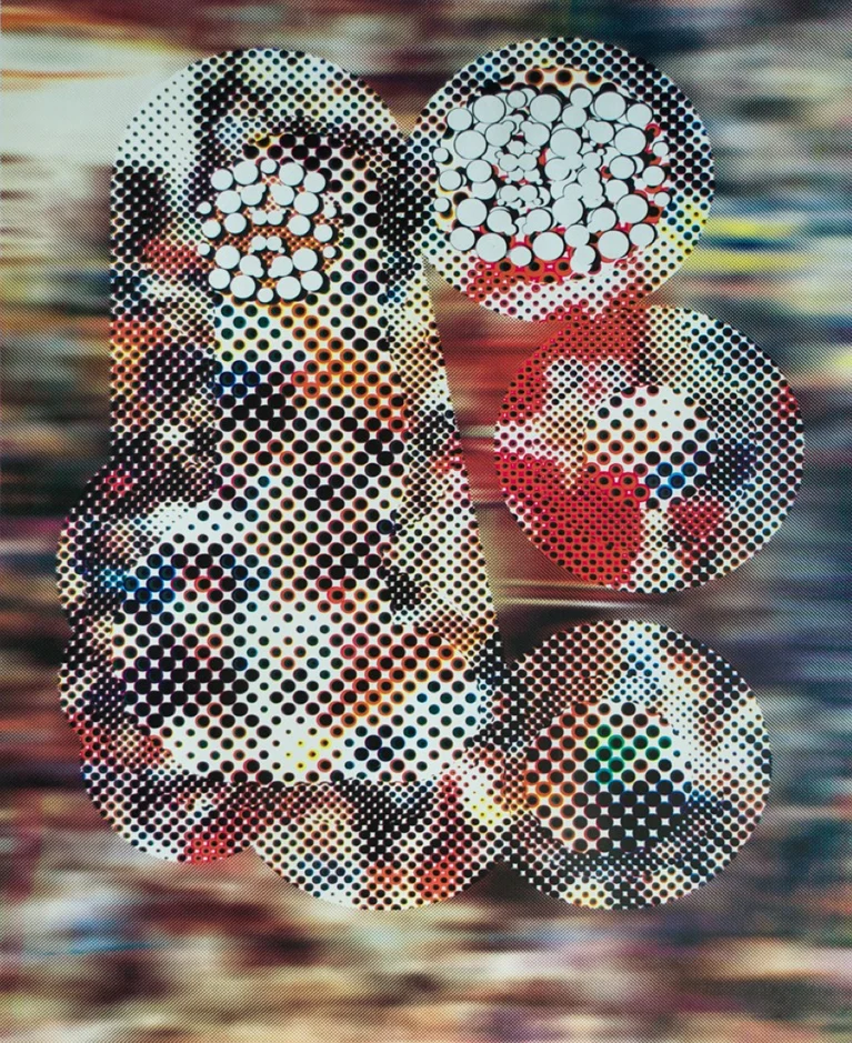 Untitled (Jump), acrylic paint, CMYK silkscreen, and archival photograph on aluminum, 33”x24”, 2012