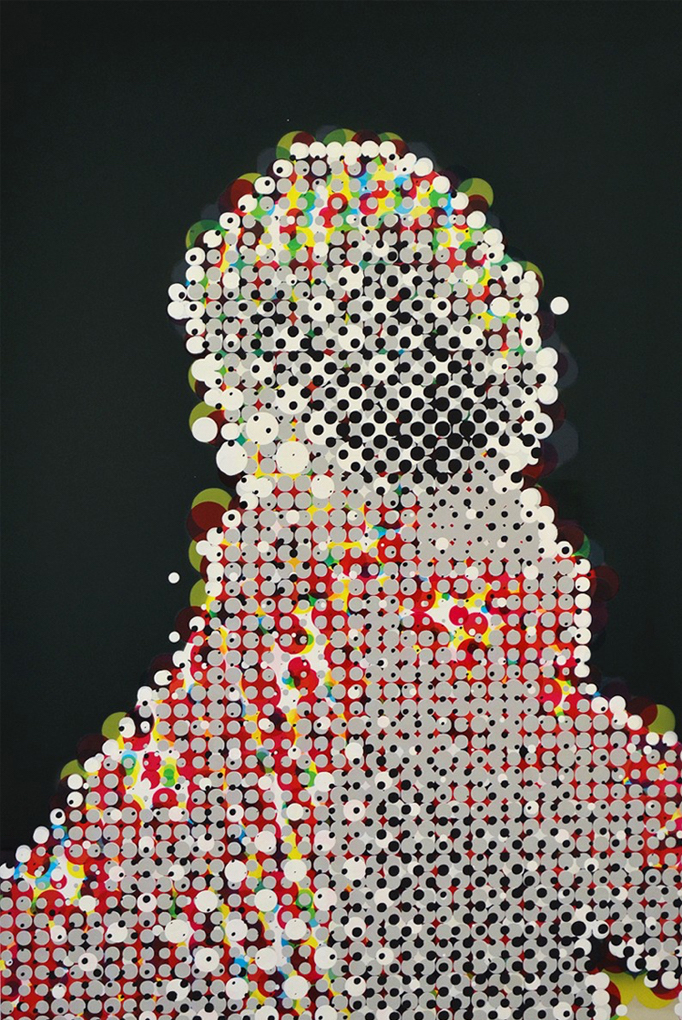 Untitled (For Richter, For Betty), 90-layer CMYK silkscreen, acrylic paint, & archival photograph on aluminum, 30” x 24”, 2014