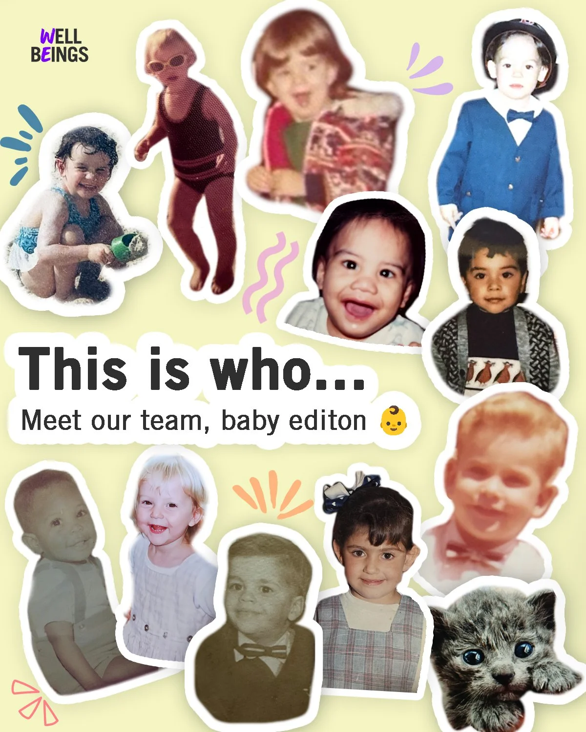 Trend adaptation. Carousel jumping on a viral format for the Well Beings brand, featuring baby photos of the team behind the organization.