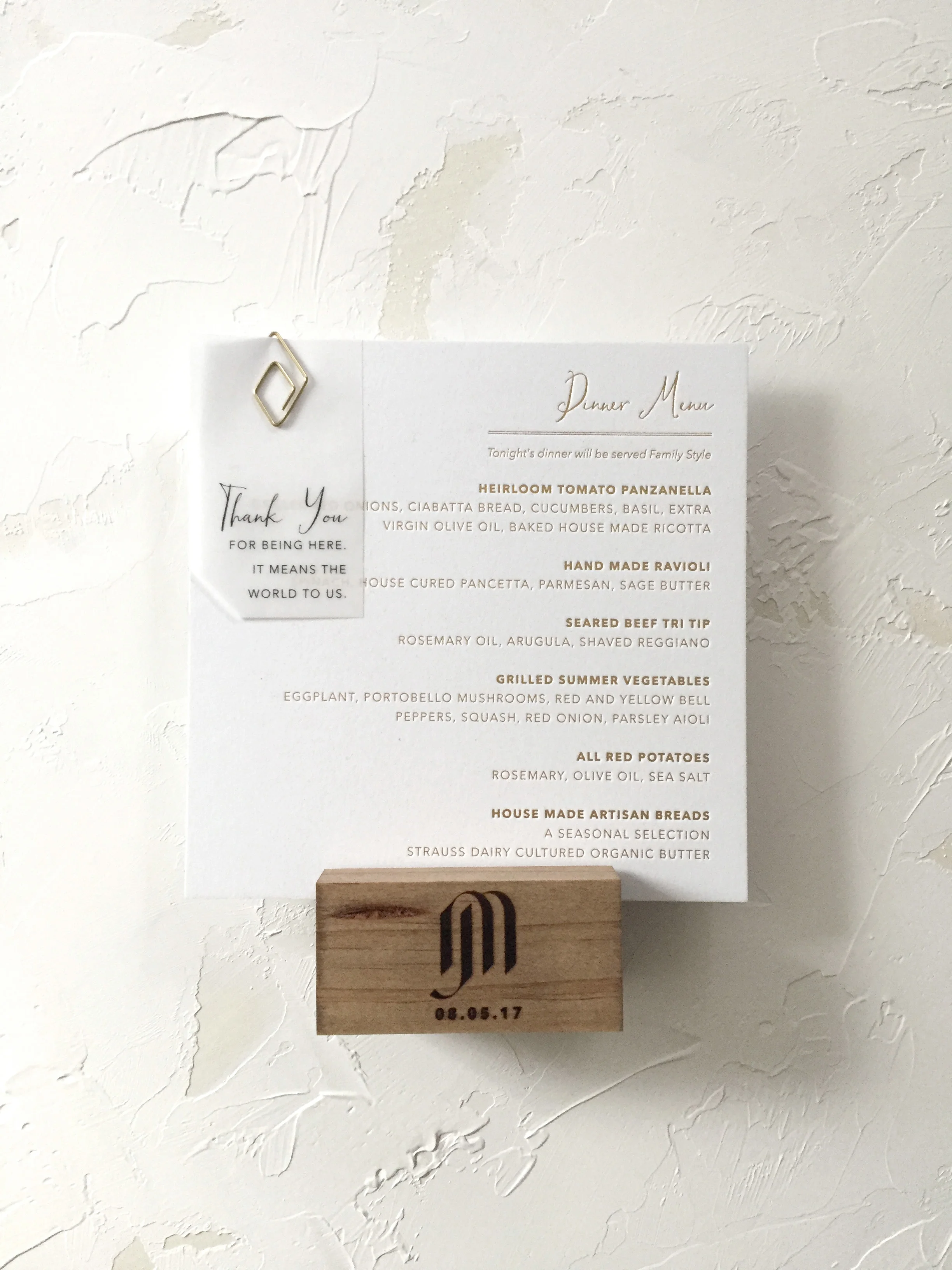 Gold Foil Menu with Branded Wood Stand by Bowerbird Atelier