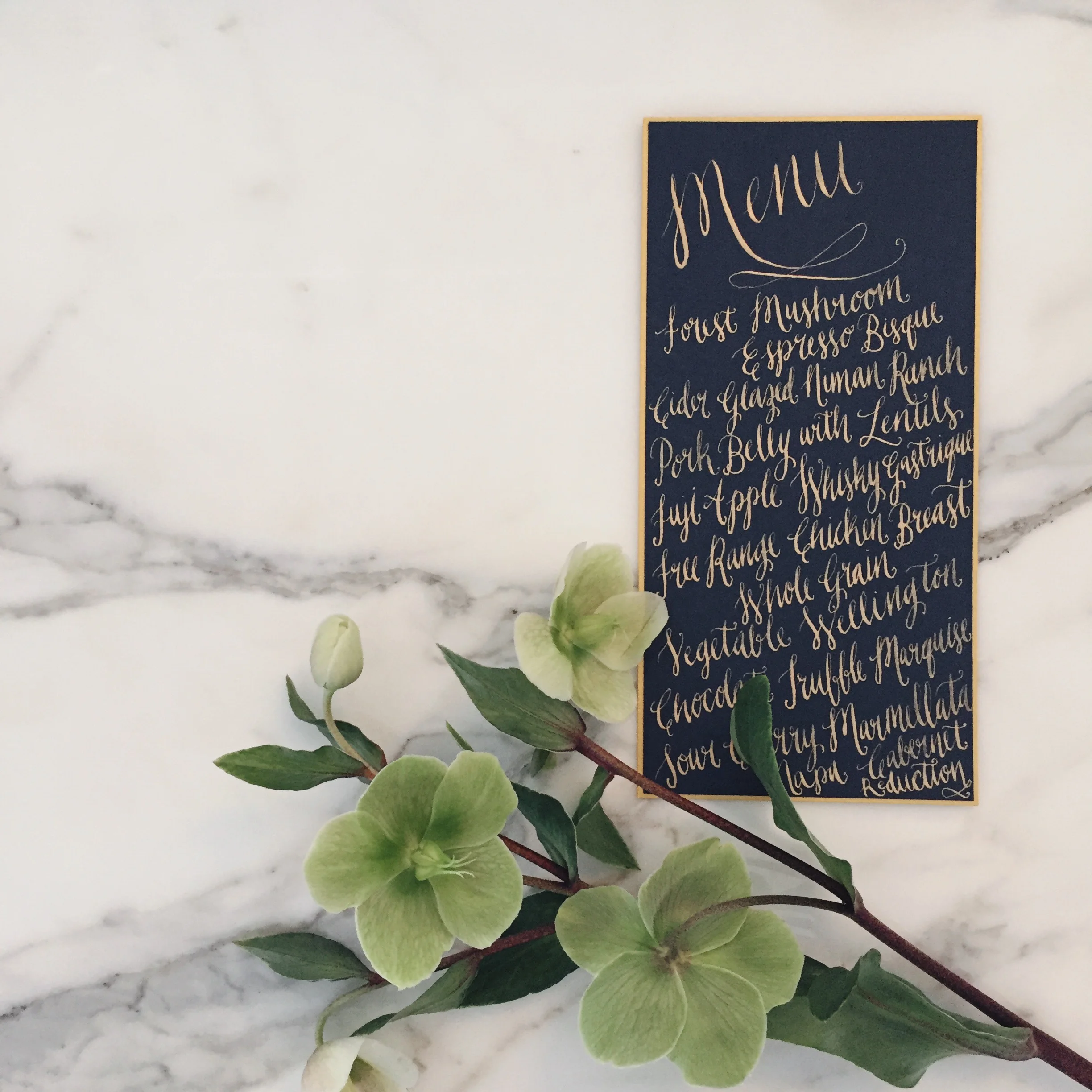 Gold and Navy Calligraphy Menu by Bowerbird Atelier