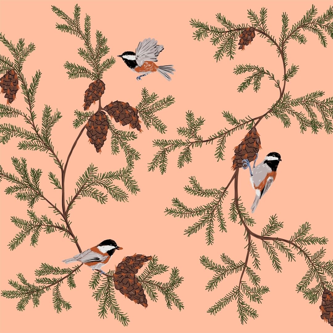 I didn&rsquo;t originally design this chickadee and douglas fir pattern as a holiday print (they just really like each other!) but I do love how the prints subtle pink and green color palette winks at classic Christmas prints.⁣.
.
.
#fabricdesign #sp