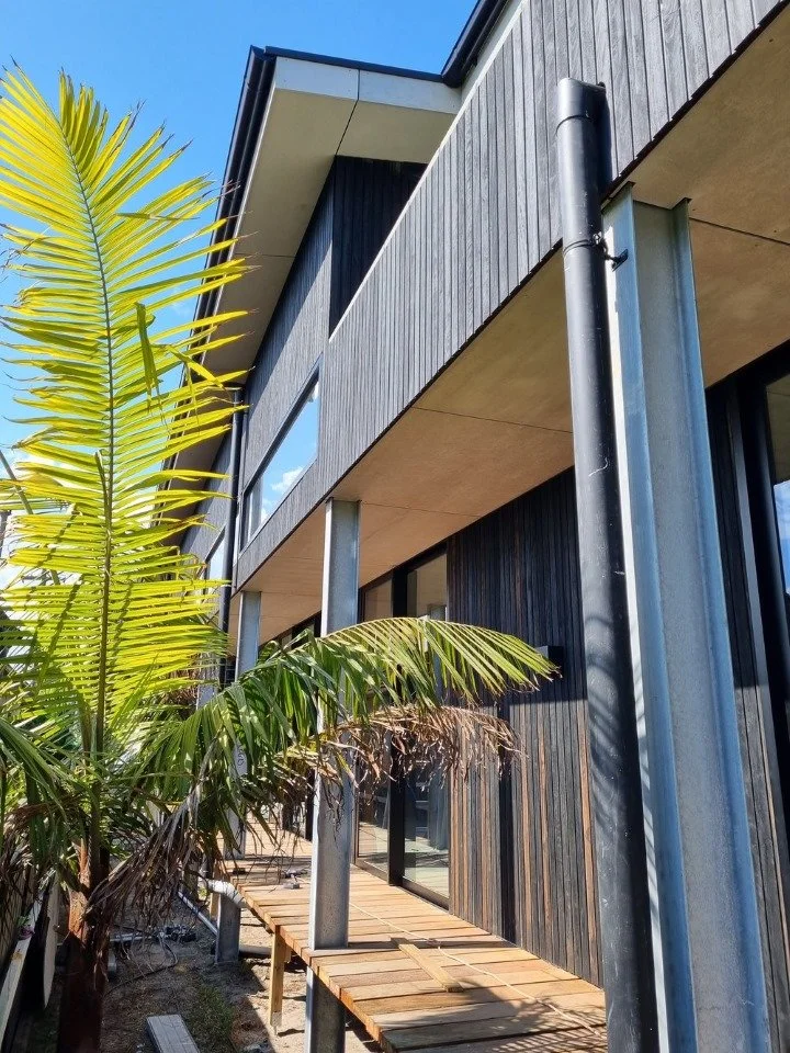 bado berong house with raised wooden pathways , two levels and a beautiful palm tree offering passive design shade