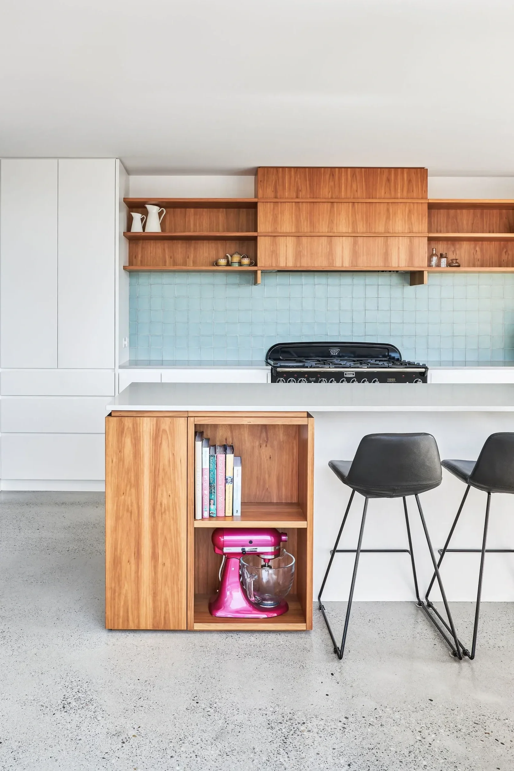 Modern kitchen renovation in Lindfield Sydney with timber joinery and open shelving