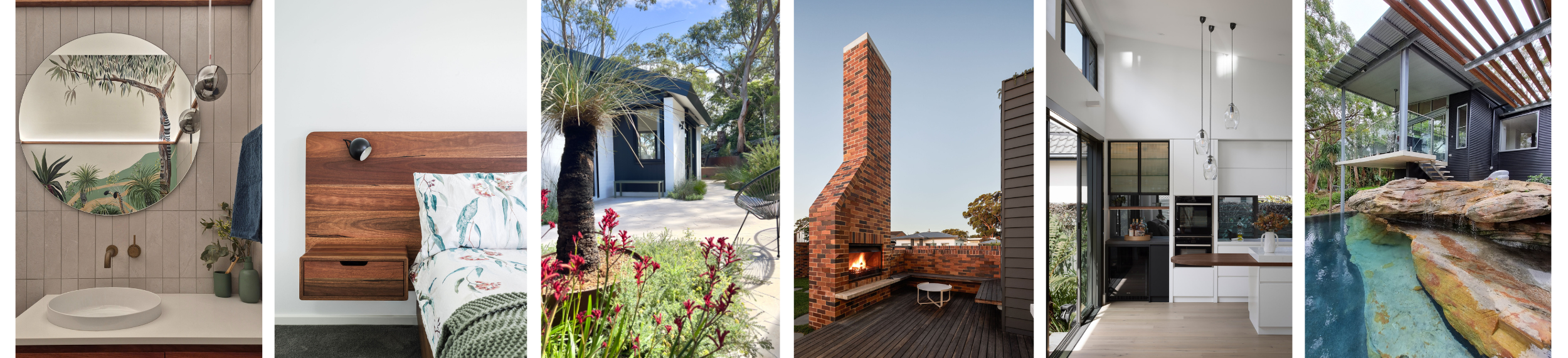 Collage of multiple images depicting interior and exterior house features, including a bathroom mirror, bedroom with wooden headboard, garden patio, brick fireplace on deck, modern kitchen, and backyard pool with rocks and landscaping.